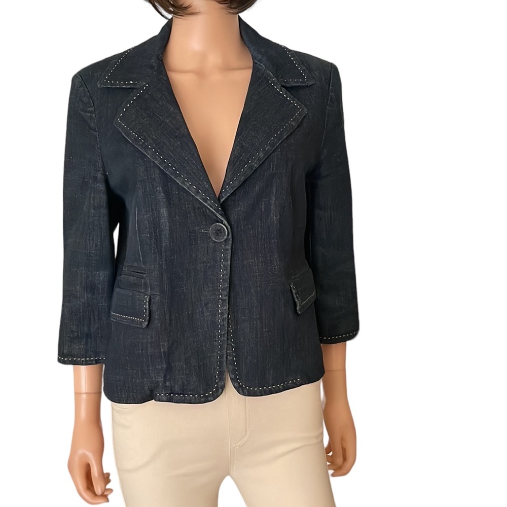 Talbots Denim Blazer Jacket Dark Wash Cotton Contrast Stitch